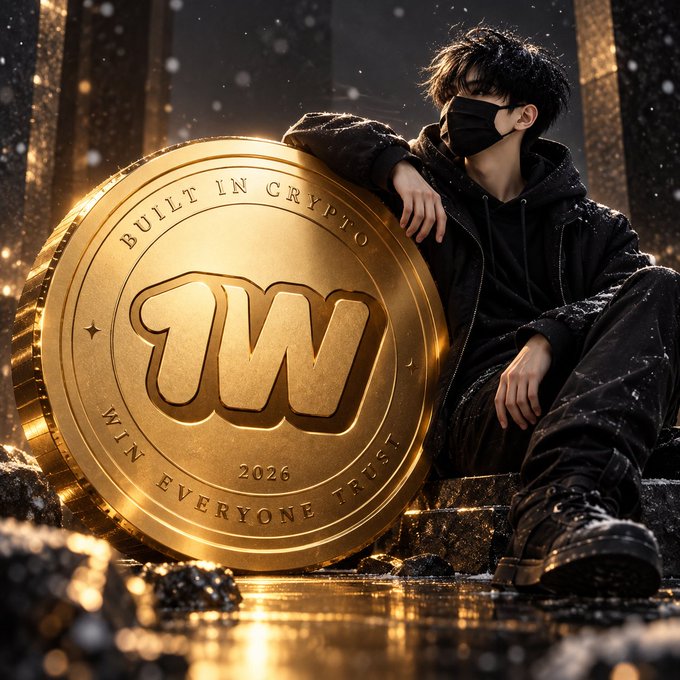 A digital artwork showing a young person in a mask and black hoodie sitting next to a large gold crypto coin engraved with 'BUILT IN CRYPTO', a 'W' logo, '2026', and 'WIN EVERYONE TRUST'.