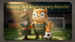 The image is a celebratory 3rd anniversary graphic for Mantle crypto, featuring a smiling owl mascot holding a trophy on a soccer field, with the text "Happy 3rd Anniversary Mantle!" The accompanying post highlights Mantle's longevity in the volatile crypto market, contrasting it with short-lived projects by emphasizing the network's commitment to long-term building and product improvement over fleeting hype.