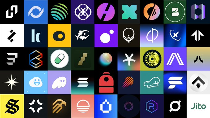 A grid of cryptocurrency and DeFi project logos spanning multiple Solana ecosystem sectors, with "Jito" visibly labeled in the bottom right—illustrating the breadth of protocols driving July's expansion in tokenized assets, perpetuals, and stablecoins on the network.