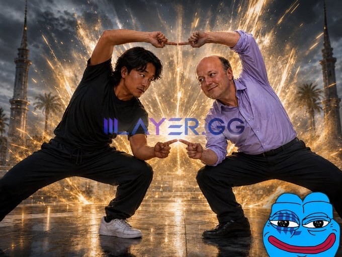 Two men strike a dramatic martial arts pose with index fingers touching, set against a fiery, explosive background with skyscrapers, while the text "III.AYER.GG" appears across the center—symbolizing the dynamic clash and partnership behind Circle's Arc Layer 1 mainnet launch, which uses USDC for gas fees and bridges stablecoin issuance with blockchain infrastructure.