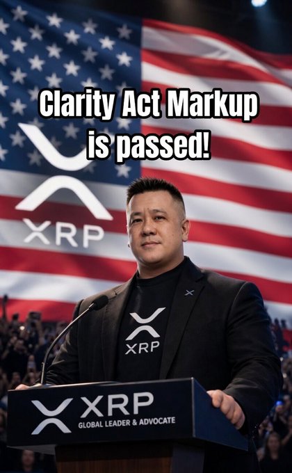 Political meme showing an XRP advocate at a podium with an American flag background and text declaring 'Clarity Act Markup is passed!'