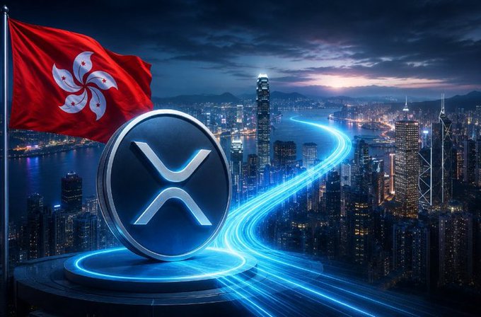 The image shows the Hong Kong flag alongside an XRP coin (featuring the "X" symbol) set against the illuminated Hong Kong skyline at dusk, with glowing blue light trails connecting the cryptocurrency emblem to the city. This visually reinforces the post's message by symbolizing how XRP and institutional capital are flowing into Hong Kong's tax-friendly crypto landscape, highlighting the city's emergence as a key destination for digital asset investment in Asia.