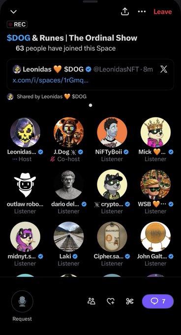 A Twitter Space recording titled '$DOG & Runes | The Ordinal Show' with 63 participants, hosted by Leonidas $DOG and featuring co-host J.Dog.