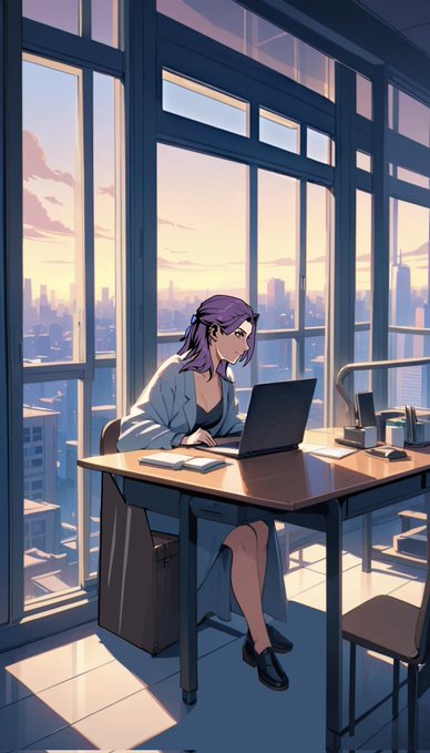 Anime-style illustration of a purple-haired woman working on a laptop at a desk by large windows overlooking a city skyline at sunset.