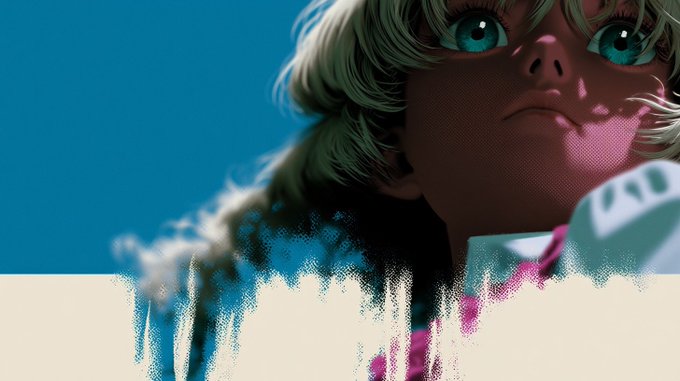 An anime-style digital illustration of a young character with blonde hair and large blue eyes against a teal background.