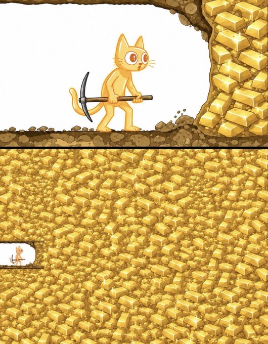 A cartoon cat holding a pickaxe walks through a tunnel above a massive pile of gold bars, with another small cat visible in a side tunnel.