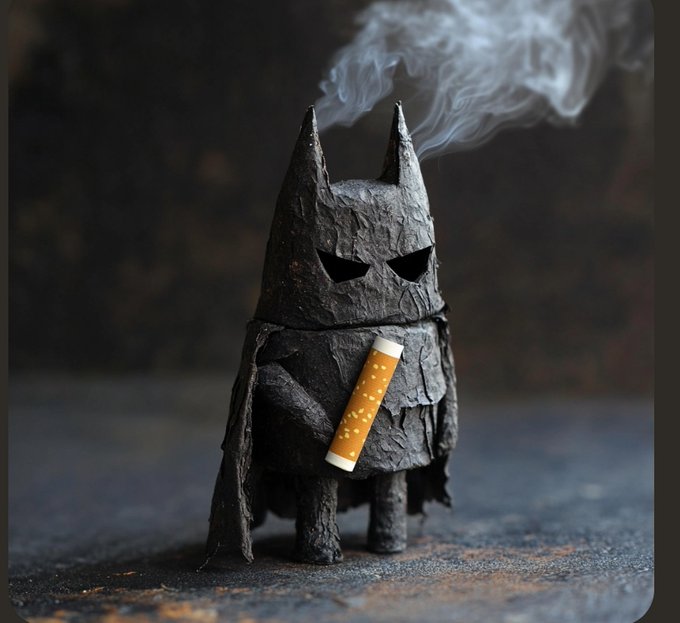 A small, textured figurine resembling a dark, cape-wearing superhero with pointed ears holds a lit cigarette, with smoke curling upward.