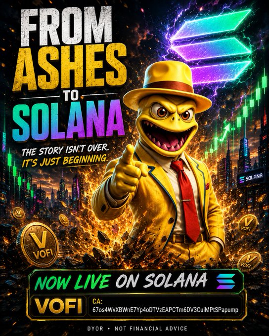 The image features a poster for a video game called "From Ashes To Solana" with an illustration of a character dressed as a man wearing a hat, suit, and tie. The poster also includes text that reads "FROM ASHES TO SOLANA", which is related to the game's theme. The poster encourages viewers to watch the game on their computer or mobile device, stating that it is now live on Solana.