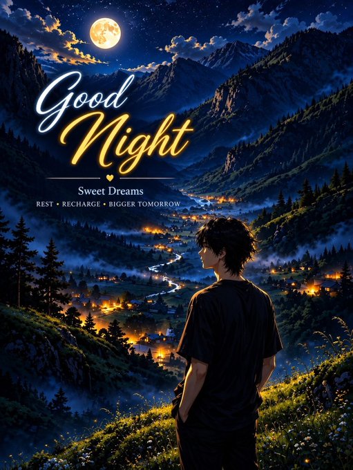 An anime-style "Good Night - Sweet Dreams, REST • RECHARGE • BIGGER TOMORROW" poster depicting a young man with dark hair standing on a hillside overlooking a glowing village in a misty valley under a full moon.