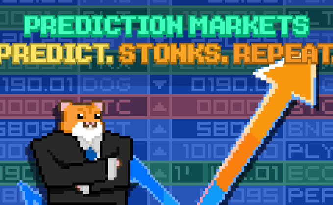 A pixel art illustration titled "PREDICTION MARKETS PREDICT. STONKS. REPEAT" featuring a Shiba Inu dog in a suit, with an orange upward arrow over a stock chart background.