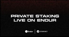 A promotional graphic with text 'PRIVATE STAKING LIVE ON ENDUR' featuring Endur and StarkNet logos on a dark textured background.