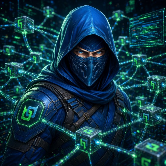 A hooded, masked figure in blue armor with a glowing green "B" emblem on the shoulder stands amid a network of floating green cubes displaying the same Beldex logo, connected by luminous data streams that evoke the routed privacy network and masternode infrastructure referenced in the post.

The imagery of interconnected nodes and hidden identity visually reinforces the message about Beldex's multi-layered privacy stack, where hiding isn't just an add-on but a foundational design woven through messaging, browsing, BNS, and always-on masternodes.
