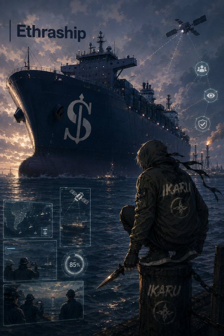 A digital artwork labeled 'Ethraship' showing a hooded figure in 'IKARU' jacket holding a knife, overlooking a massive cargo ship with a dollar sign, while UI elements show surveillance imagery and an 85% indicator.