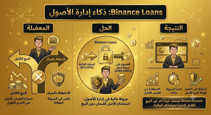 An Arabic-language infographic titled "Binance Loans: ذكر إدارة الأصول" (Asset Management) illustrating how Binance Loans solves the problem of full capital loss by allowing users to use BTC/ETH as collateral to borrow USDT/USDC, enabling market participation with reduced risk through Binance's loan collateral system.

Note: The image content appears unrelated to the accompanying post about Binance P2P and Escrow services—rather than depicting P2P trading with escrow protection, this infographic specifically explains Binance's crypto-collateralized lending feature and asset management strategy.
