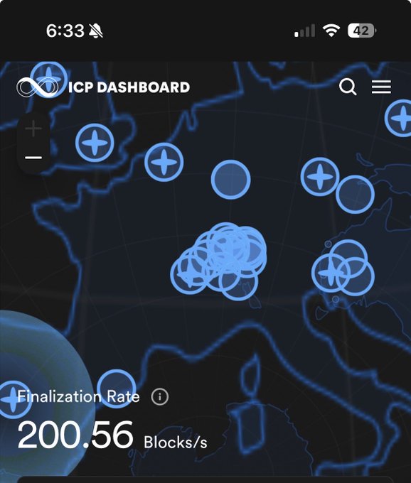 Mobile screenshot of the ICP Dashboard showing a global map visualization with node icons and a Finalization Rate of 200.56 Blocks/s, timestamped 6:33 with 42% battery.