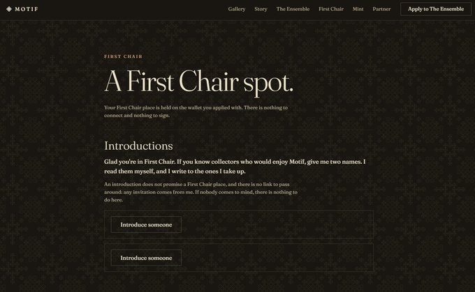 A screenshot of the MOTIF website showing a page titled 'A First Chair spot' with navigation links including 'Gallery', 'Story', 'The Ensemble', 'First Chair', and 'Mint', and two 'Introduce someone' buttons.