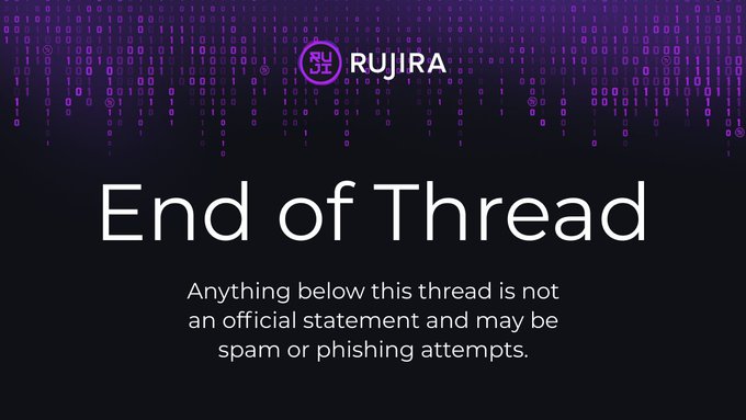 The image is an official "End of Thread" notice from Rujira (logo at top), warning that anything below is unofficial and potentially spam or phishing. It serves as a closing marker for the accompanying post about the development of Rujira Perps and connecting perps, spot markets, and community-provided liquidity.
