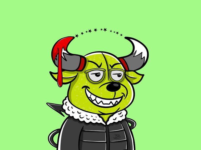 A cartoon illustration of a green, ogre-like character with horns, wearing a Santa hat and tactical vest, grinning mischievously against a light green background.