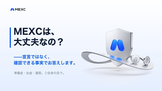 The image shows a MEXC (cryptocurrency exchange) promotional graphic with the MEXC logo in the top-left corner, a 3D shield icon with the MEXC "M" emblem, and Japanese text reading "MEXCは、大丈夫なの？" ("Is MEXC okay?"). The accompanying post addresses user concerns about the safety of deposited funds, withdrawals, and the exchange's operational status, suggesting the image introduces a reassuring response to these common worries about MEXC's reliability.