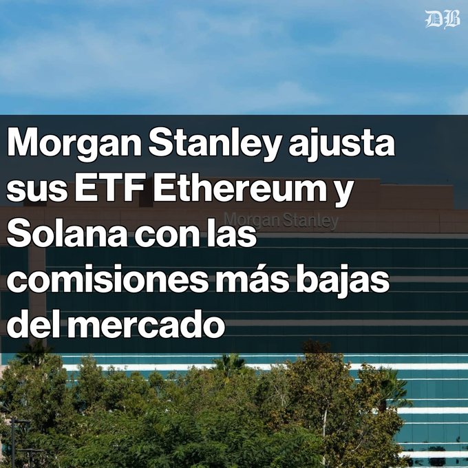 The image depicts a large building surrounded by trees, creating an urban landscape with a natural element. In front of this setting, there are two ETFs for Bitcoin and Ethereum being advertised on a billboard under a blue sky. The text on the billboard emphasizes that Morgan Stanley is now offering these funds as well, indicating growth in the market. This advertisement seems to be promoting new opportunities for investors who want to take advantage of the digital currency markets.