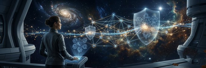 A digital art illustration of a woman in a futuristic setting viewing holographic shields and network nodes against a cosmic space background with galaxies.