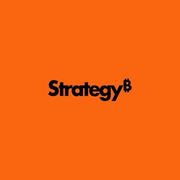 The image displays the bold "Strategy" logo in black text against a vibrant orange background, representing the company behind the Bitcoin holdings update mentioned in the post.