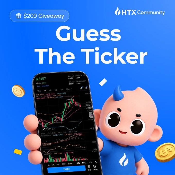 A promotional graphic for HTX Community's "Guess The Ticker" $200 giveaway features a blue mascot with a flame-shaped tuft holding a smartphone displaying a candlestick trading chart with the price 0.6157, surrounded by floating gold coins. The design ties directly to the contest by combining HTX branding, trading visuals, and the giveaway prize announcement to engage followers in guessing a new token ticker.