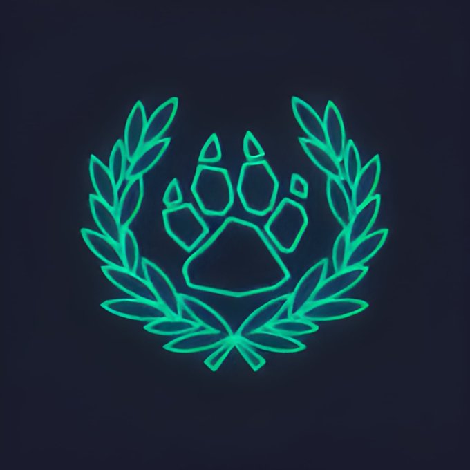 A glowing teal neon-style emblem featuring a paw print encircled by a laurel wreath on a dark background.