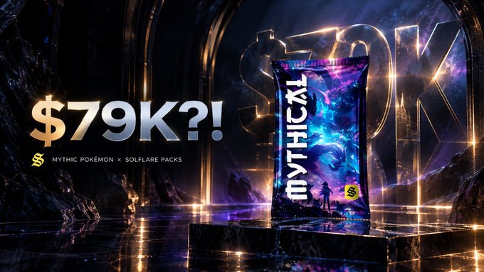 A promotional advertisement displays '$79K?!' with text reading 'MYTHICAL POKÉMON x SOLFLARE PACKS' alongside a colorful holographic 'MYTHICAL' card pack against a dark cosmic background.
