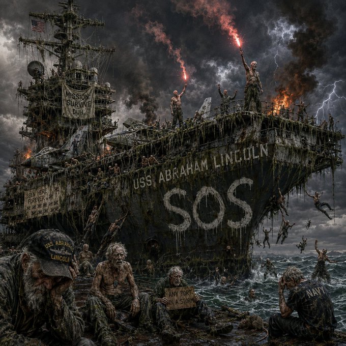 A highly detailed, dark, and chaotic digital artwork depicting the 'USS ABRAHAM LINCOLN' aircraft carrier in a state of ruin, with the word 'SOS' painted on the hull, surrounded by distressed figures, flares, and stormy skies.