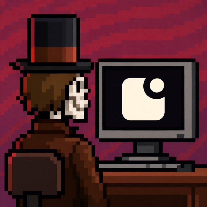 A pixel art illustration depicts a figure in a brown coat and top hat standing beside a computer monitor displaying a stylized 'g' logo against a dark red patterned background.