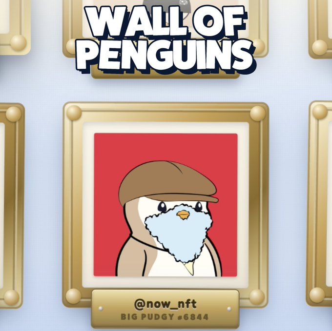 A cartoon penguin named "BIG PUDGY #6844" (@now_nft) is displayed on the "Wall of Penguins," a framed NFT-style portrait honoring the contributor's work on the PFP Dashboard for the Huddle community.