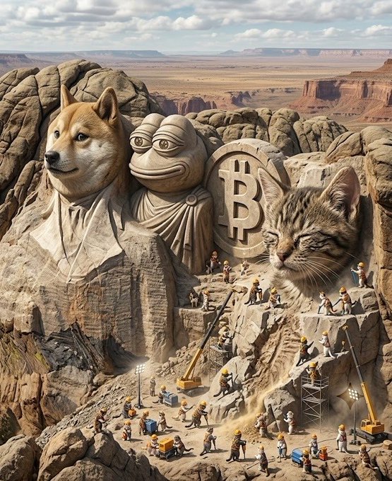 A surreal desert carving depicting the faces of a Shiba Inu dog (DOGE), a monkey (PEPE), a Bitcoin symbol, and a kitten, with miniature workers below continuing to sculpt the massive monument. The image humorously illustrates the "Loading…" caption by suggesting these viral crypto mascots are still being etched into the canyon walls.