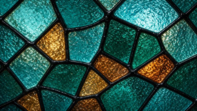 A close-up of stained glass featuring teal and amber panels with textured glass separated by black lead lines.