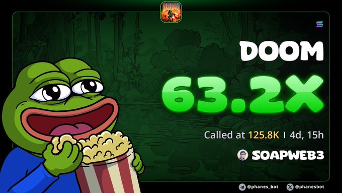A promotional graphic features Pepe the Frog eating popcorn next to bold text announcing "DOOM 63.2X Called at 125.8K | 4d, 15h," with the trader credited as "SOAPWEB3," directly illustrating the VIP trading group's successful call mentioned in the post.