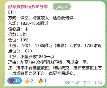 A WeChat-style trading log dated July 4 shows an ETH short position with 5x leverage, entry 1830-1850, stops above 1860, and targets at 1785, 1735, and 1670, posted in a VIP trading group. The accompanying text discusses anxiety around Bitcoin failing to break its previous high near 65K and concerns about a selloff, highlighting the broader bearish market sentiment reflected in the trader's ETH short setup.