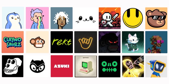 A grid of various colorful NFT profile pictures and digital art pieces, including recognizable characters like Claynosaurz, Azuki, rekt, and pixel art collections.