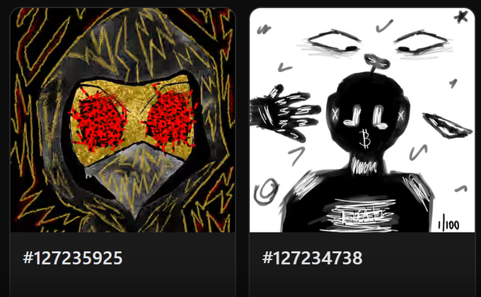 Two NFT artworks are displayed side by side with their identifiers: #127235925 features a stylized helmeted figure with glowing red eyes, while #127234738 shows a black hooded figure with 'X X' eyes and a 'B' symbol, marked as 1/100.