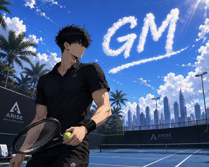 The image features a young man dressed in black playing tennis, holding a tennis racquet with a yellow ball on it while standing on a tennis court. The background includes a sky filled with clouds and buildings nearby, which seem out of place for a scene featuring a player on a tennis court.