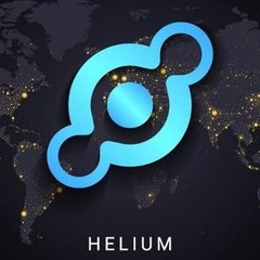 The blue Helium cryptocurrency logo displayed over a world map with city lights indicating network coverage.