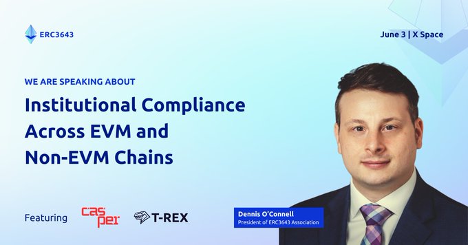 The image shows a man wearing a suit and tie standing next to a banner that says "Institutional Compliance Across EVM and Non-EVM chains" with a photo of the man's face on it. The text at the bottom of the image reads, "We are speaking about institutional compliance across EVM and non-EVM chains".