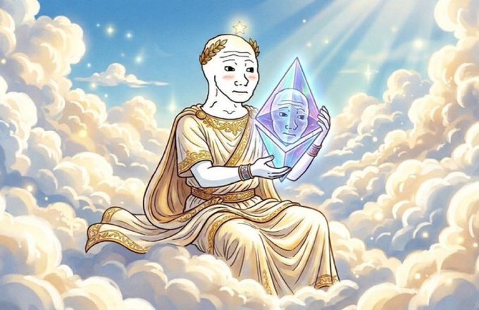 The image features a cartoon character wearing a robe, holding an object that resembles a crystal or gemstone. The character appears to be a deity figure from mythology, with a crown on their head. The background of the image shows clouds against a blue sky, creating a dreamy and ethereal atmosphere. The caption at the bottom of the image reads "MY $WOJAK IS NOT FOR SALE".