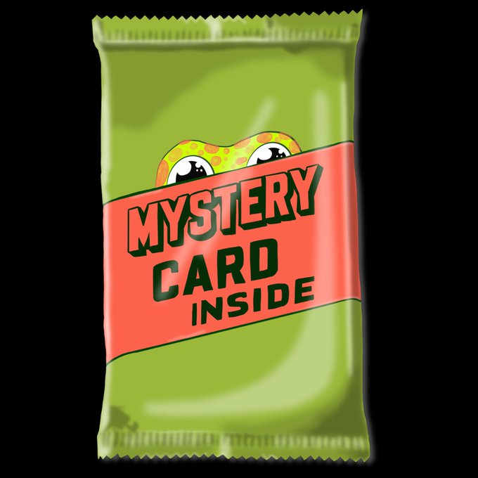 Branding graphic of a green foil trading card pack with a red band reading 'MYSTERY CARD INSIDE' and a cartoon frog peeking over the top.
