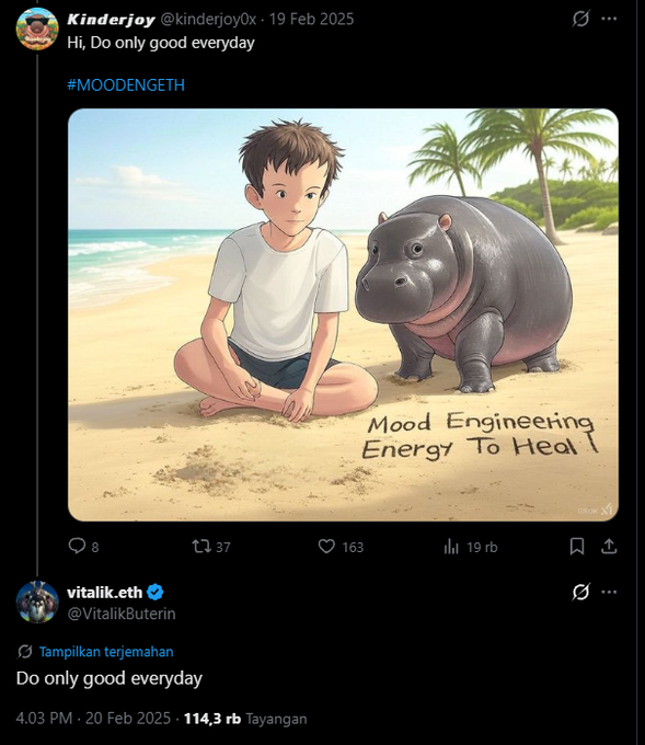 A screenshot of a social media post by Vitalik Buterin (@VitalikButerin) replying 'Do only good everyday' to a Kinderjoy tweet featuring an anime-style illustration of a boy and a hippo on a beach with the text 'Mood Engineering Energy To Heal'.
