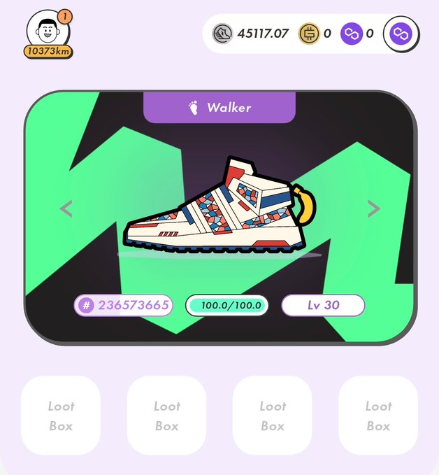 A mobile game interface displaying a Level 30 'Walker' sneaker NFT (ID #236573665) with 100.0/100.0 durability, alongside four locked 'Loot Box' slots.