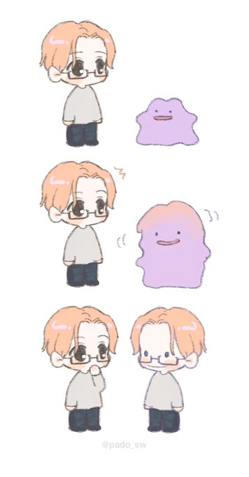 A chibi illustration shows a glasses-wearing person with orange hair encountering a purple Ditto-like creature that gradually morphs to resemble them, captioned "@pado_sw" and titled "Metamon"—referencing the Pokémon Metamon (Ditto) and its ability to transform into anything it sees.