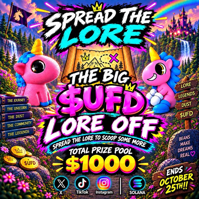 A vibrant, cartoon-style promotional graphic for a cryptocurrency event titled 'SPREAD THE LORE: THE BIG $UFD LORE OFF,' featuring pink unicorn characters, a $1000 total prize pool, and ending October 25th, with social media icons for X, TikTok, Instagram, and Solana.