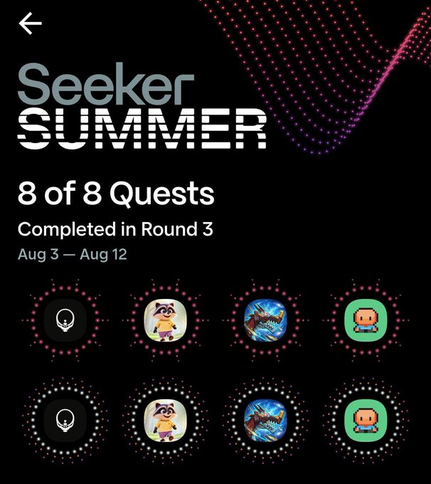 Seeker Summer quest completion screen showing '8 of 8 Quests Completed in Round 3' from Aug 3 - Aug 12, with eight circular badges below the text.