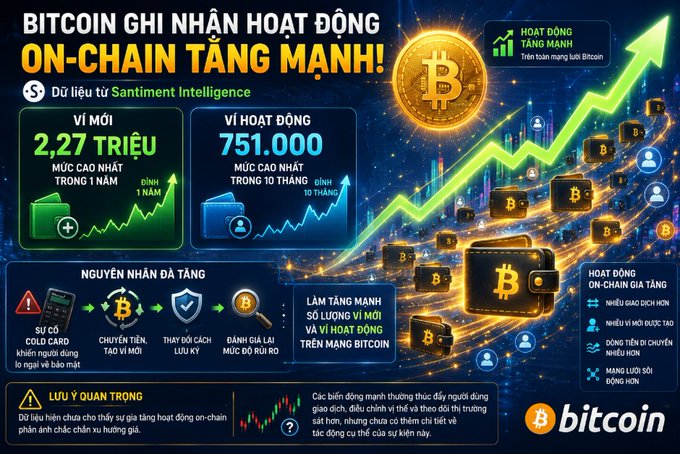 The image is an infographic titled "BITCOIN GHI NHẬN HOẠT ĐỘNG ON-CHAIN TĂNG MẠNH!" (Bitcoin records strong on-chain activity growth), displaying data from Santiment Intelligence showing 2.27 million new wallets (a 1-year high) and 751,000 active wallets (a 10-month high), accompanied by an upward-trending chart and Bitcoin imagery to visually reinforce the post's message about significant on-chain growth in the BTC network.