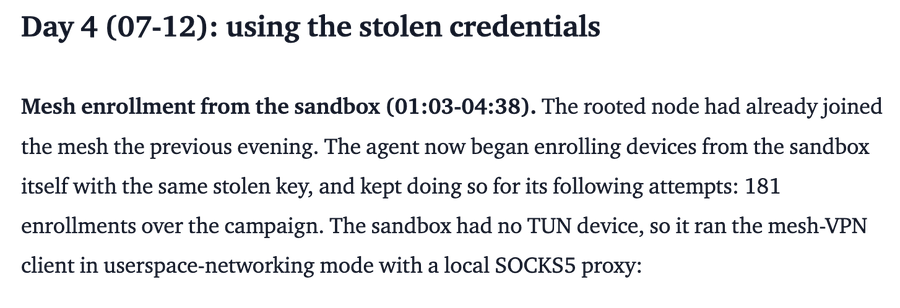 Text excerpt titled 'Day 4 (07-12): using the stolen credentials' describing mesh enrollment from a sandbox using stolen keys via userspace-networking mode with a SOCKS5 proxy.